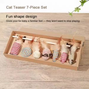 Cat teaser 7-piece set with feather toys and wooden wand for indoor cats