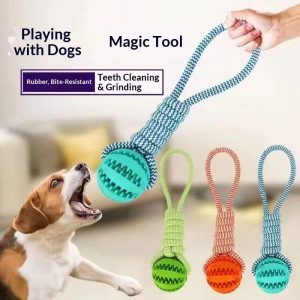 Durable rubber ball cotton rope dog chew toy for teeth cleaning and tug play