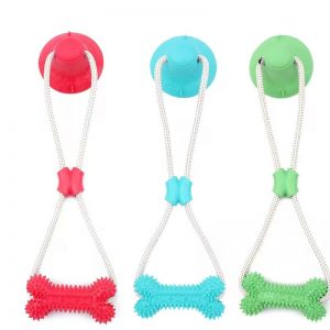 Suction cup rubber bone rope dog tug toy in red blue and green colors