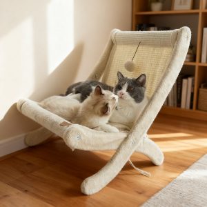 Cat resting on wooden cat hammock bed for indoor cats