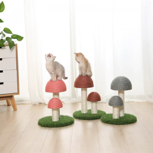 Cats playing on mushroom cat tree scratching post